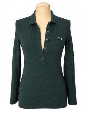 🍁 Lacoste Women's Green Long Sleeve Polo Shirt Slim Fit Size XS